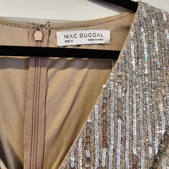 Mac Duggal 93676 V Neck Beaded Lace Midi Long Sleeve Dress Silver Taupe Size 8 - Picture 4 of 9